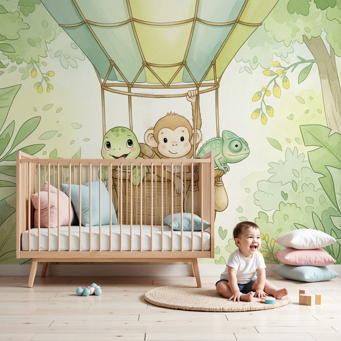 Papier peint chambre enfant | Aventure en montgolfière avec amis animaliers