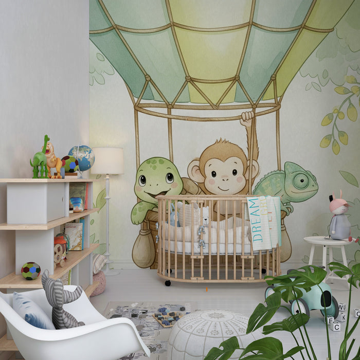 Papier peint chambre enfant | Aventure en montgolfière avec amis animaliers