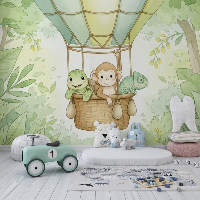 Papier peint chambre enfant | Aventure en montgolfière avec amis animaliers