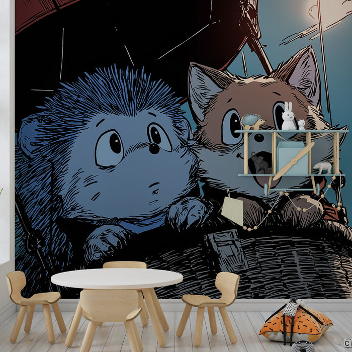 Papel de parede criança | Aventura de balão de ar quente com amigos animais