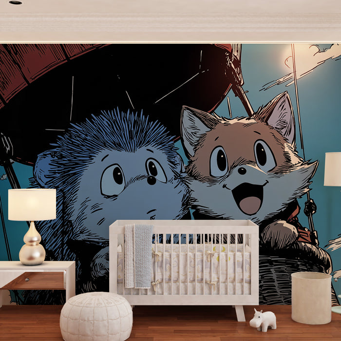 Papel de parede criança | Aventura de balão de ar quente com amigos animais