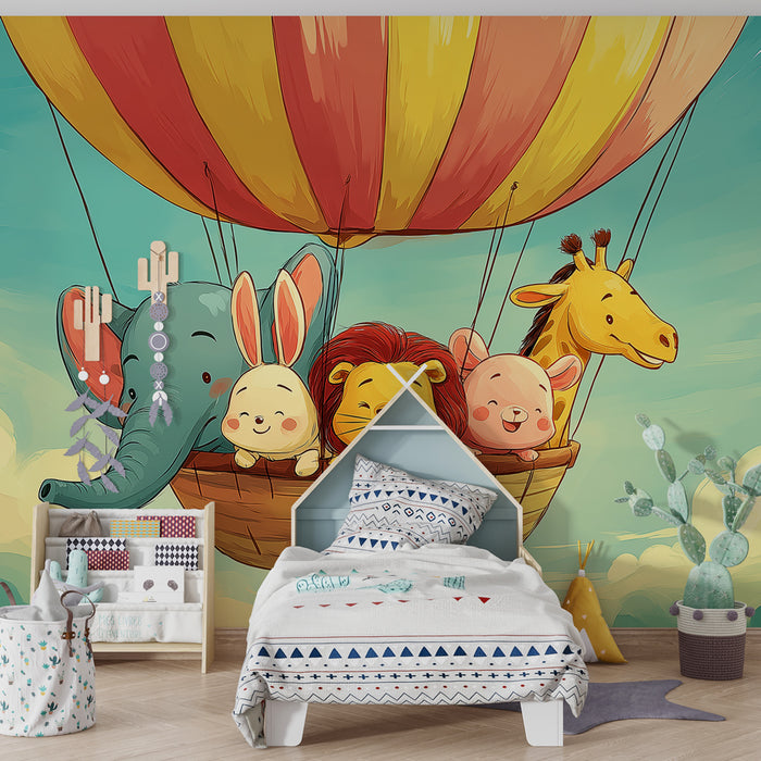 Papier peint chambre enfant | Aventure en montgolfière avec des animaux adorables