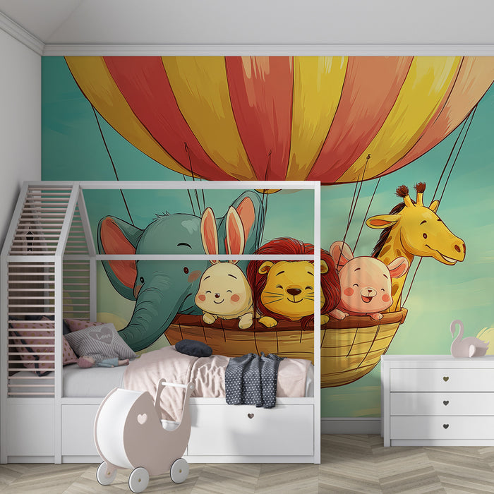 Papier peint chambre enfant | Aventure en montgolfière avec des animaux adorables