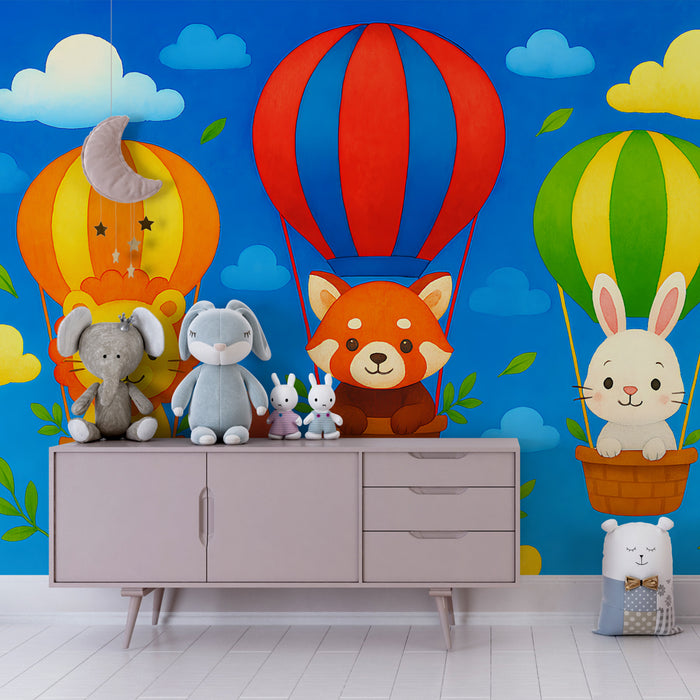 Papier peint chambre enfant | Aventure en montgolfière avec des animaux amusants