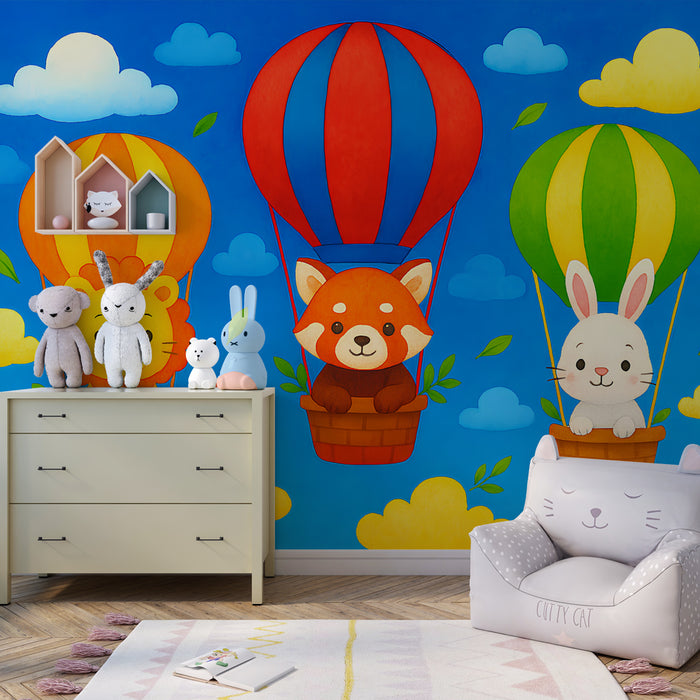 Papier peint chambre enfant | Aventure en montgolfière avec des animaux amusants