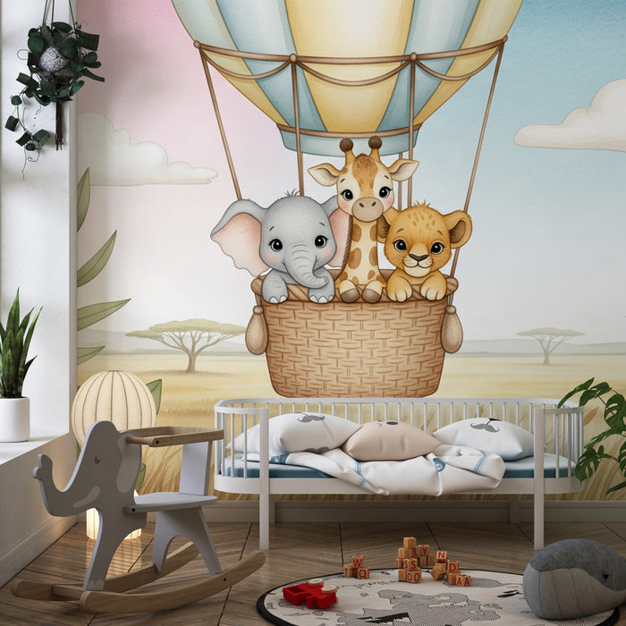 Papel de parede criança | Aventura de balão de ar quente com animais da savana