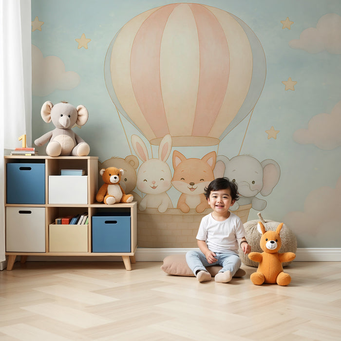 Kinderzimmer Tapete | Heißluftballonabenteuer mit niedlichen Tieren