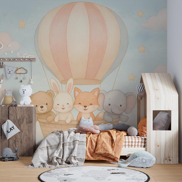 Kinderzimmer Tapete | Heißluftballonabenteuer mit niedlichen Tieren