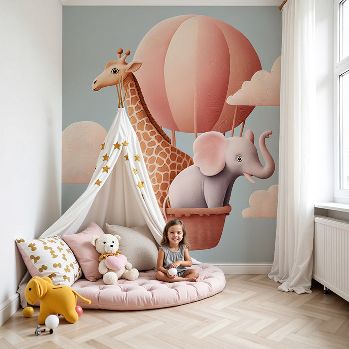 Papel de parede infantil | Aventura de balão com girafa e elefante