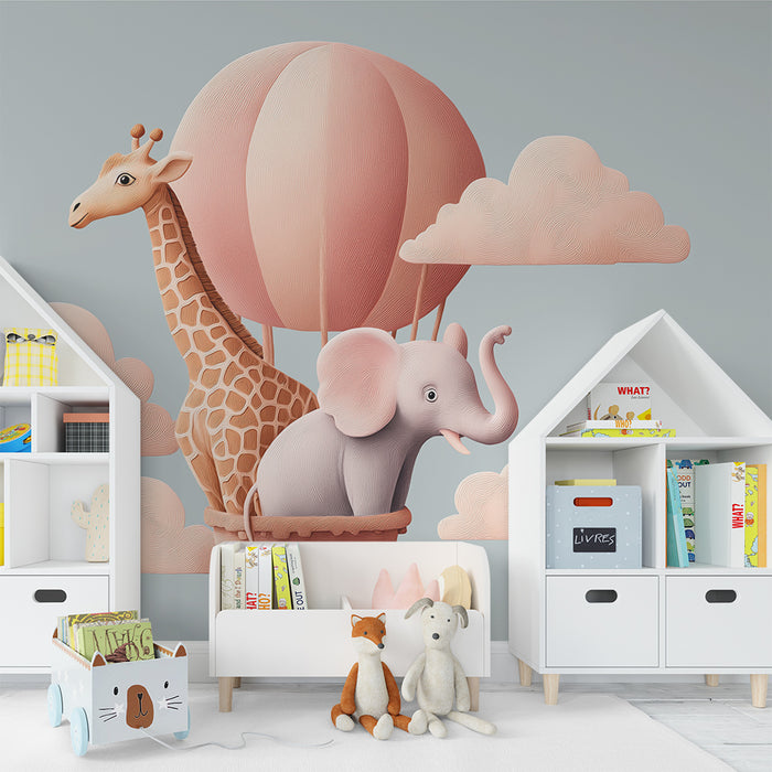 Papel de parede infantil | Aventura de balão com girafa e elefante