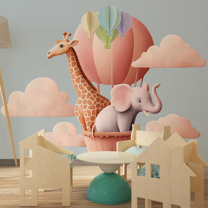 Papel de parede infantil | Aventura de balão com girafa e elefante