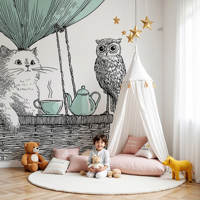 Papel pintado infantil | Aventura en globo aerostático con un gato y un búho