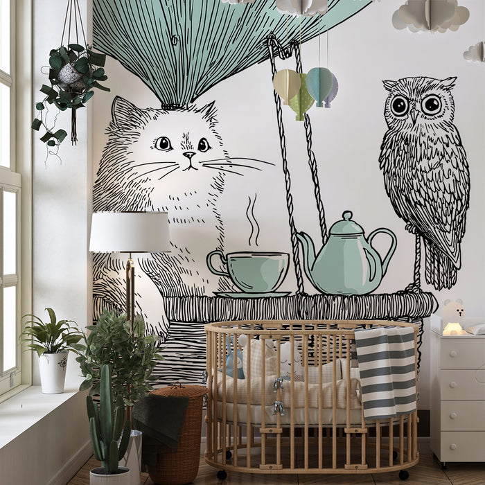 Papel pintado infantil | Aventura en globo aerostático con un gato y un búho