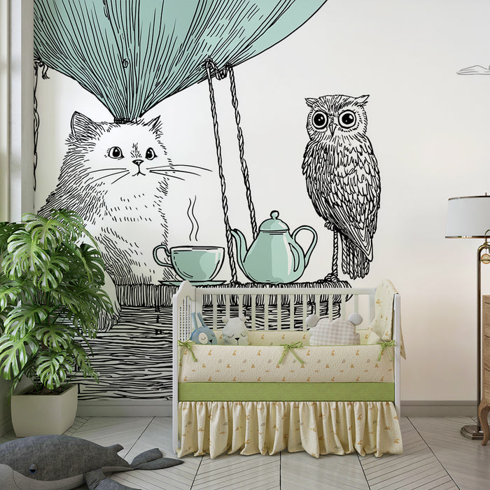 Papel pintado infantil | Aventura en globo aerostático con un gato y un búho