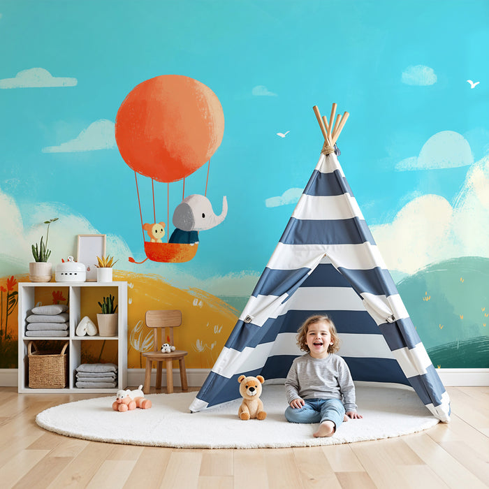 Kinderzimmer Tapete | Abenteuer mit einem Elefanten und einem Bären im Heißluftballon