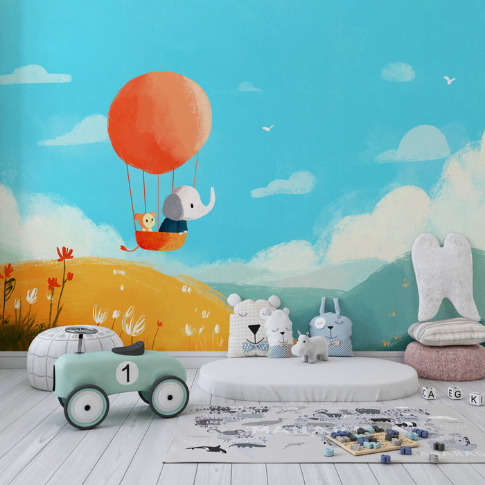 Kinderzimmer Tapete | Abenteuer mit einem Elefanten und einem Bären im Heißluftballon