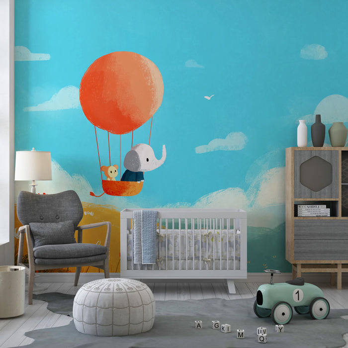 Kinderzimmer Tapete | Abenteuer mit einem Elefanten und einem Bären im Heißluftballon