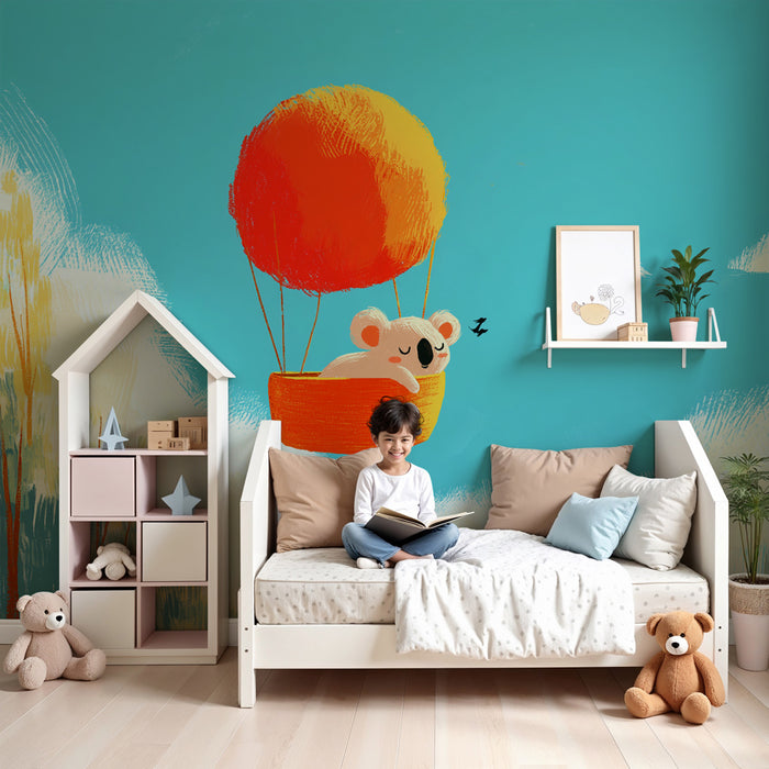 Papel de parede criança | Aventura de balão de ar quente com um koala