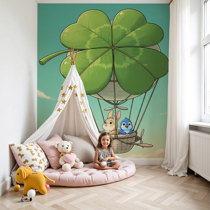 Kids' Room Wallpaper | Hot Air Balloon Adventure with a Rabbit and a Bird