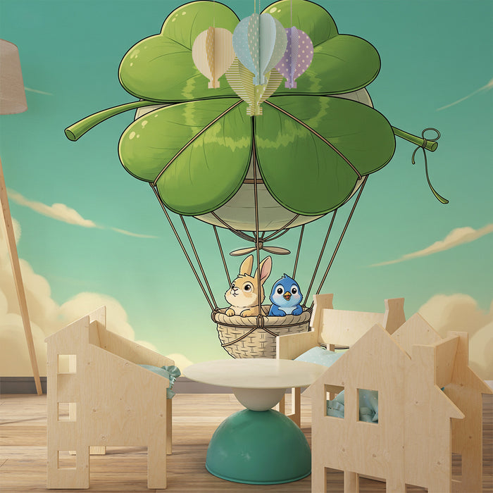 Kids' Room Wallpaper | Hot Air Balloon Adventure with a Rabbit and a Bird