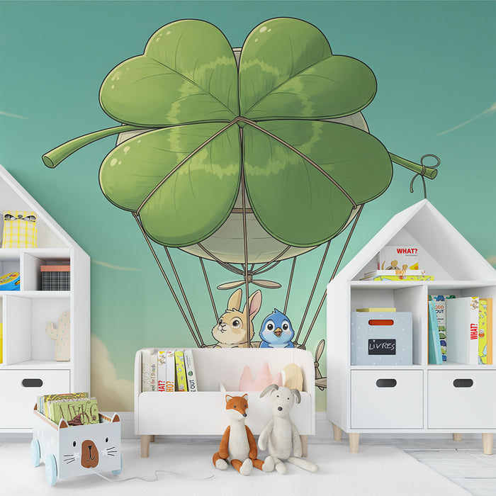 Kids' Room Wallpaper | Hot Air Balloon Adventure with a Rabbit and a Bird