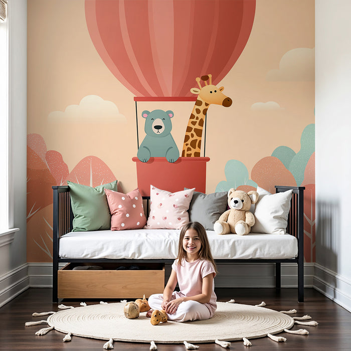 Papier peint chambre enfant | Aventure en montgolfière avec un ours et une girafe