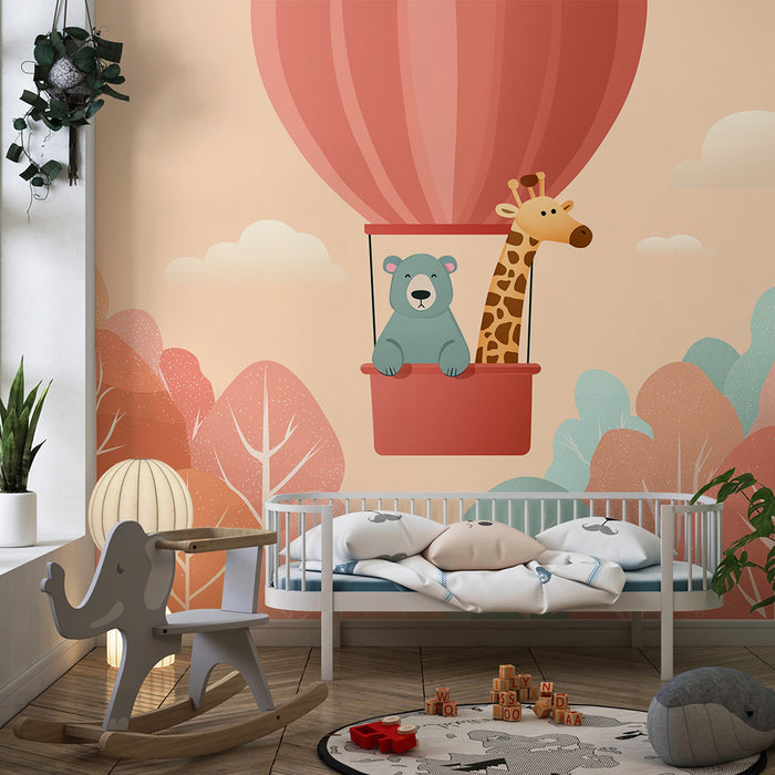 Papier peint chambre enfant | Aventure en montgolfière avec un ours et une girafe