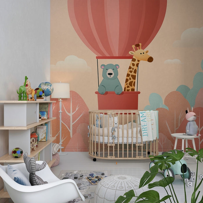 Papier peint chambre enfant | Aventure en montgolfière avec un ours et une girafe