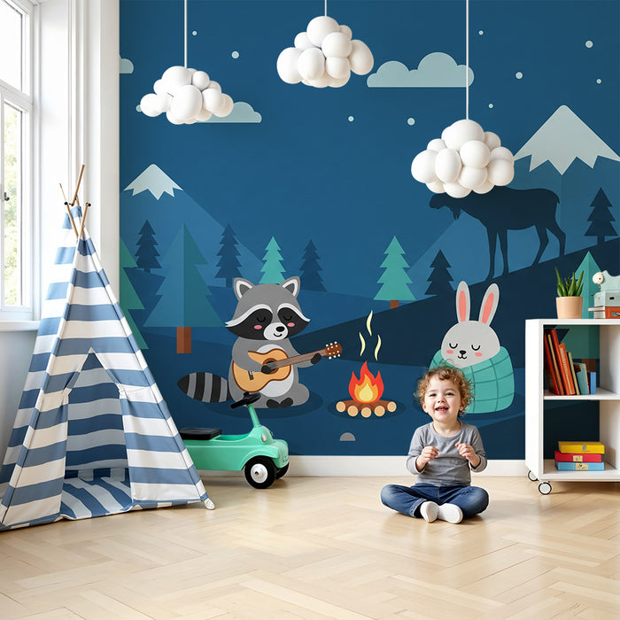 Papel de parede infantil | Aventura na natureza com um guaxinim e um coelho