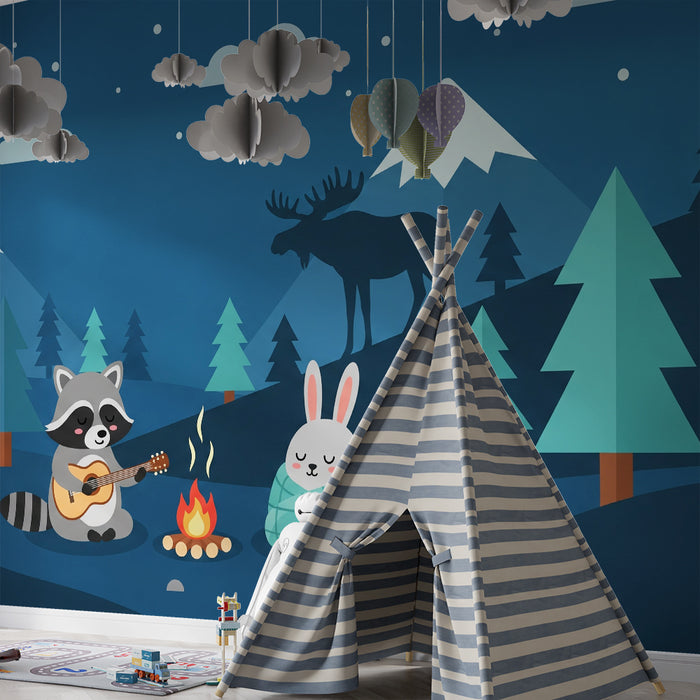 Papel de parede infantil | Aventura na natureza com um guaxinim e um coelho