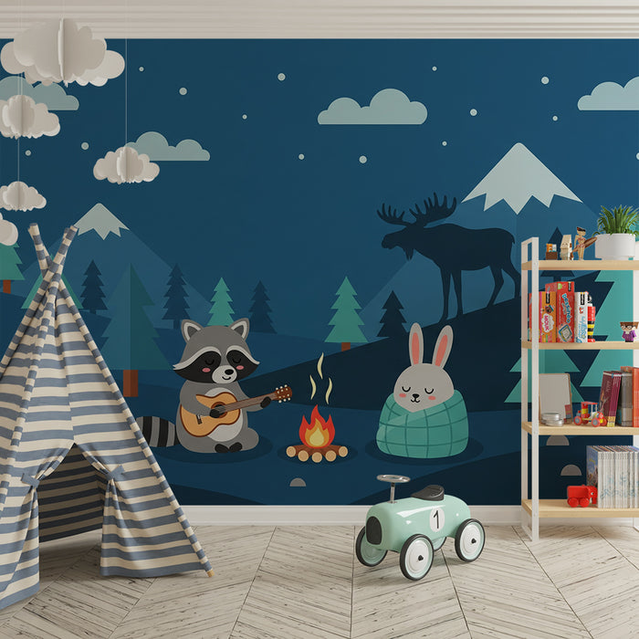 Papel de parede infantil | Aventura na natureza com um guaxinim e um coelho