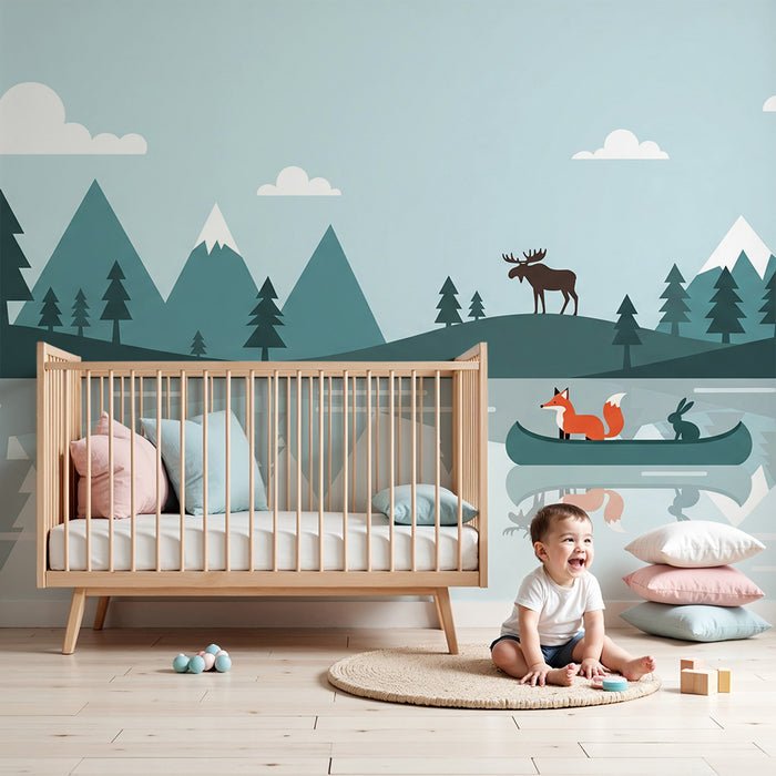 Papel de parede infantil | Aventura na natureza com uma raposa e um coelho numa canoa