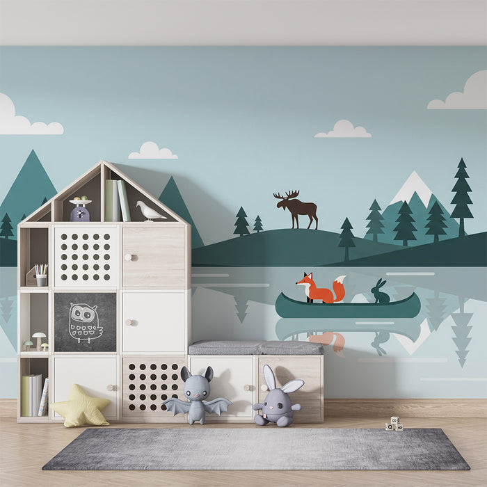 Papel de parede infantil | Aventura na natureza com uma raposa e um coelho numa canoa