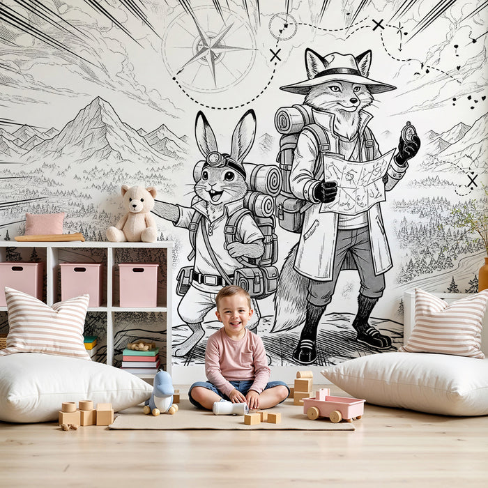 Papel de parede para quarto infantil | Aventura na natureza com uma raposa e um coelho exploradores