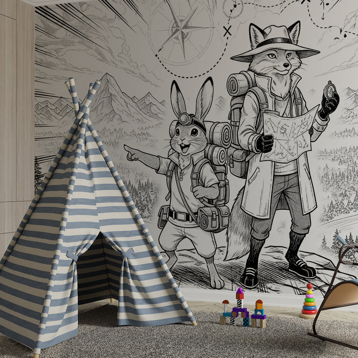 Papel de parede para quarto infantil | Aventura na natureza com uma raposa e um coelho exploradores