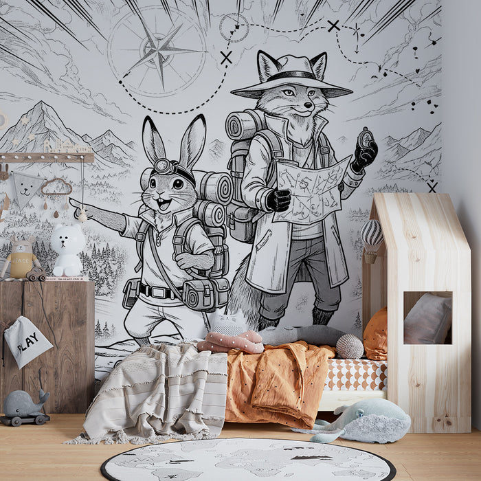 Papel de parede para quarto infantil | Aventura na natureza com uma raposa e um coelho exploradores