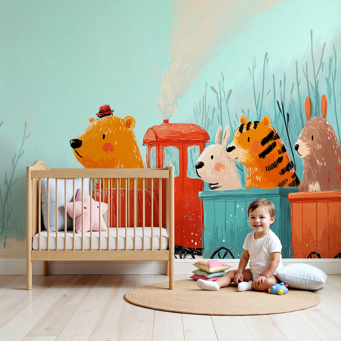 Kinderkamer behang | Avontuur in de trein met dieren
