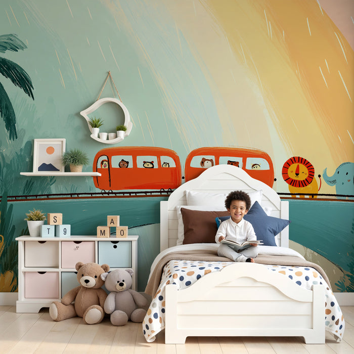 Papel pintado infantil | Aventura en tren con animales coloridos