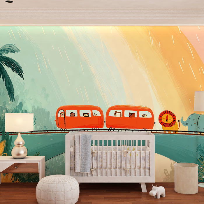 Papel pintado infantil | Aventura en tren con animales coloridos