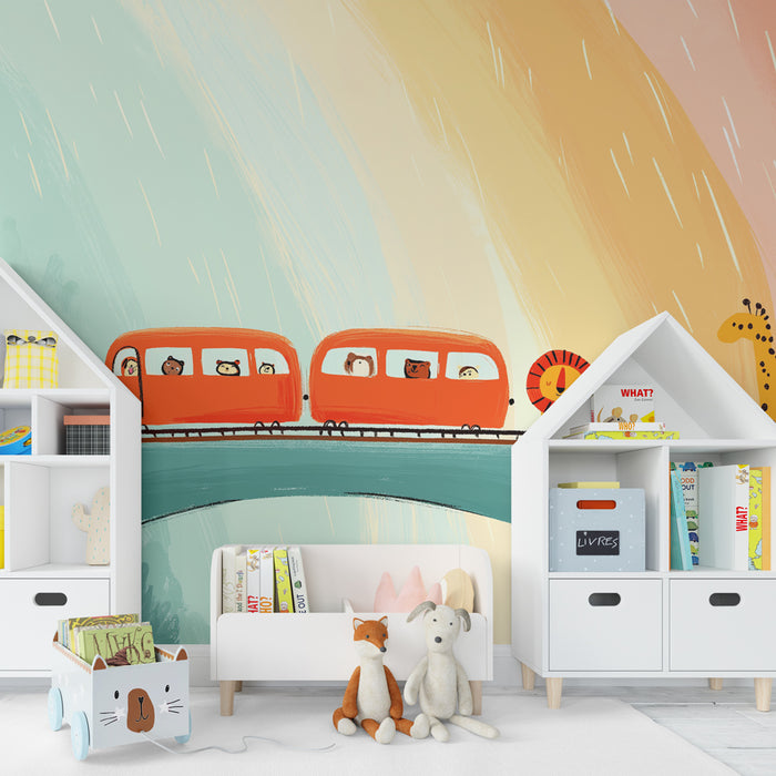 Papel pintado infantil | Aventura en tren con animales coloridos