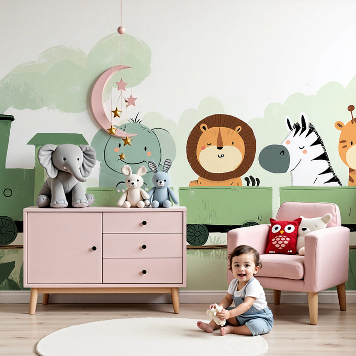 Papier peint chambre enfant | Aventure en train avec des animaux mignons