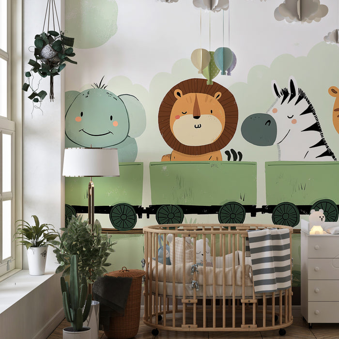 Papier peint chambre enfant | Aventure en train avec des animaux mignons
