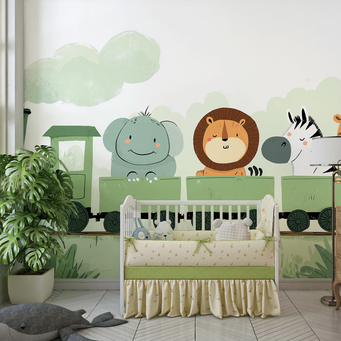 Papier peint chambre enfant | Aventure en train avec des animaux mignons