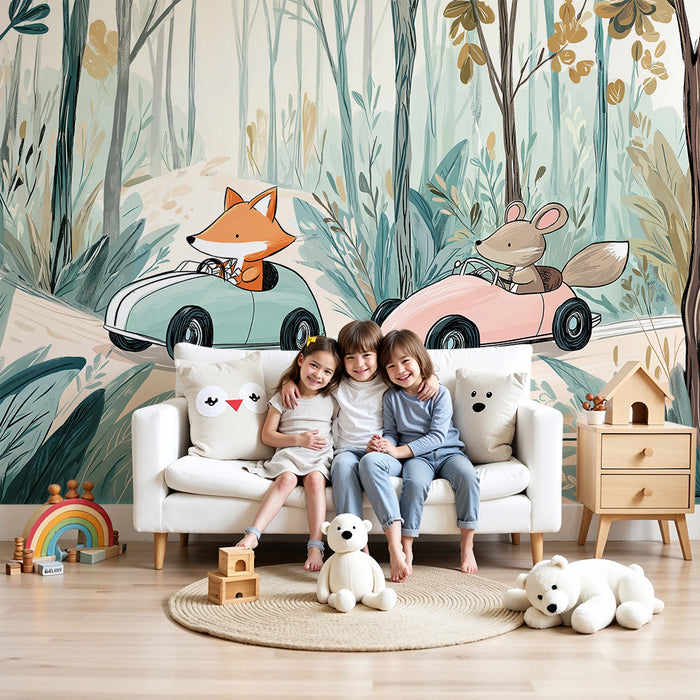 Kinderzimmer Tapete | Abenteuer mit einem Fuchs und einer Maus im Wald im Auto