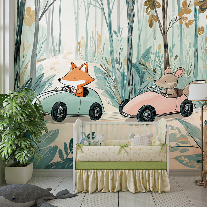 Kinderzimmer Tapete | Abenteuer mit einem Fuchs und einer Maus im Wald im Auto
