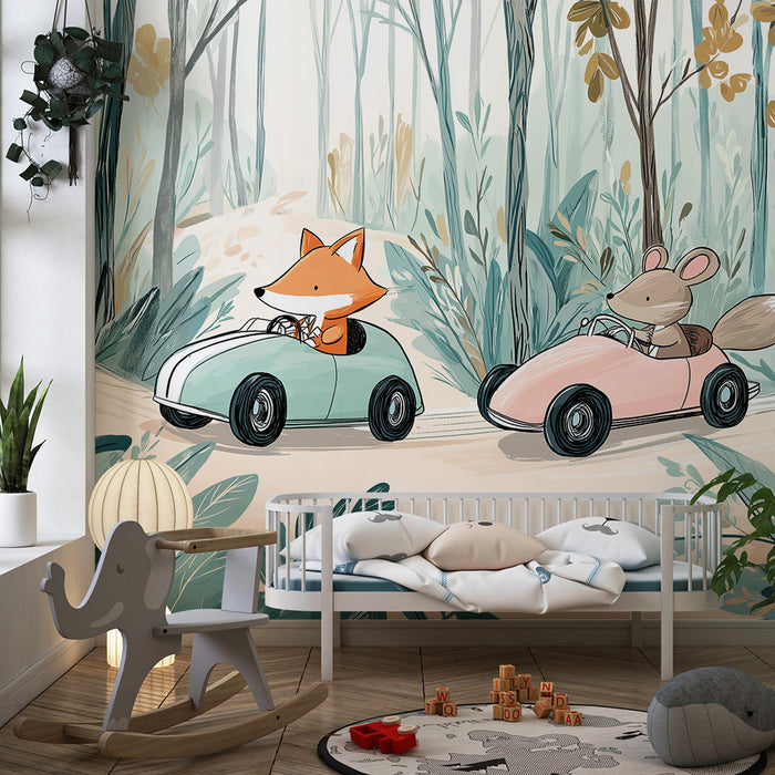 Kinderzimmer Tapete | Abenteuer mit einem Fuchs und einer Maus im Wald im Auto