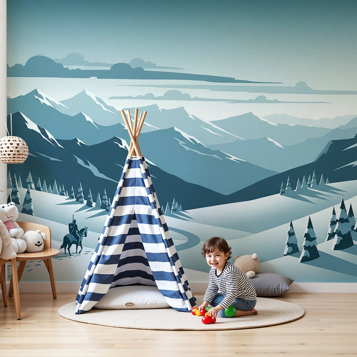 Kinderzimmer-Tapete | Winterabenteuer mit Ritter und verschneiten Bergen