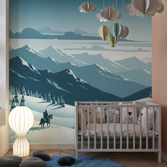 Kinderzimmer-Tapete | Winterabenteuer mit Ritter und verschneiten Bergen