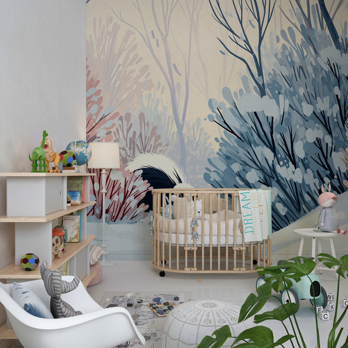 Kinderzimmer Tapete | Winterabenteuer mit einem Stinktier