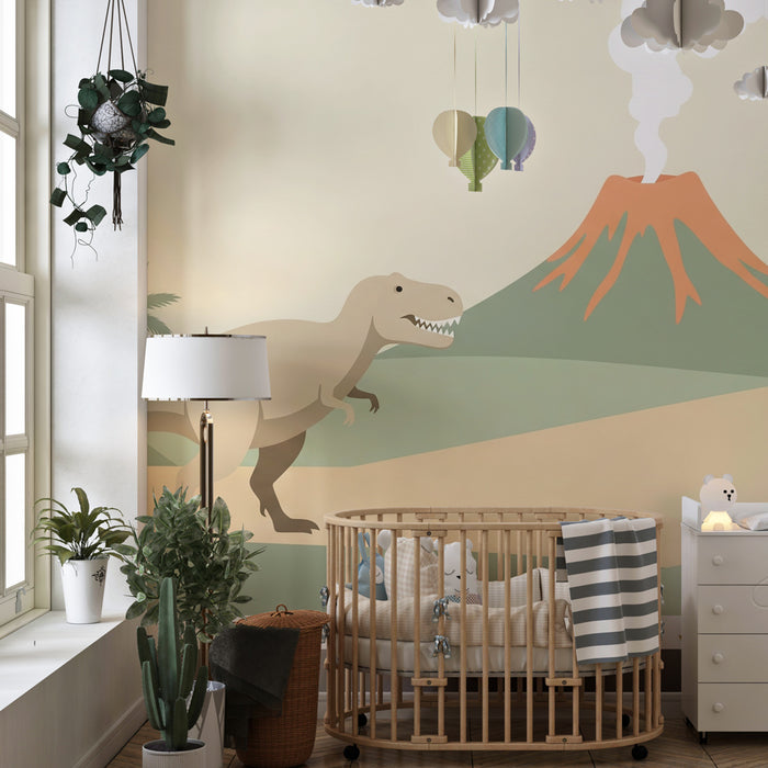 Papel pintado infantil | Aventura jurásica con un dinosaurio y un volcán